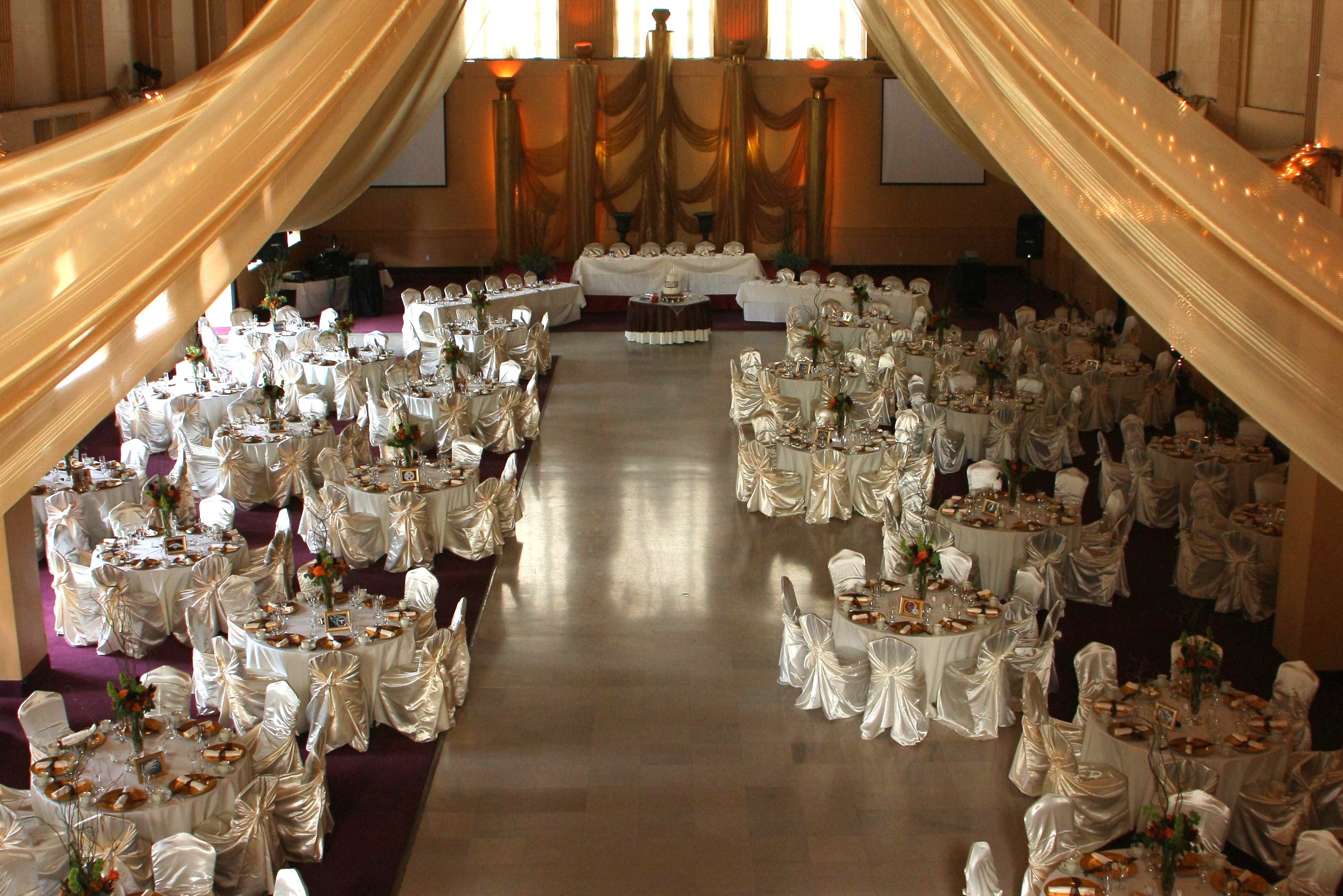 Bankers Ballroom interior featuring 35-foot ceilings and crystal chandeliers inside the historic Pacific Southwest Building in downtown Fresno